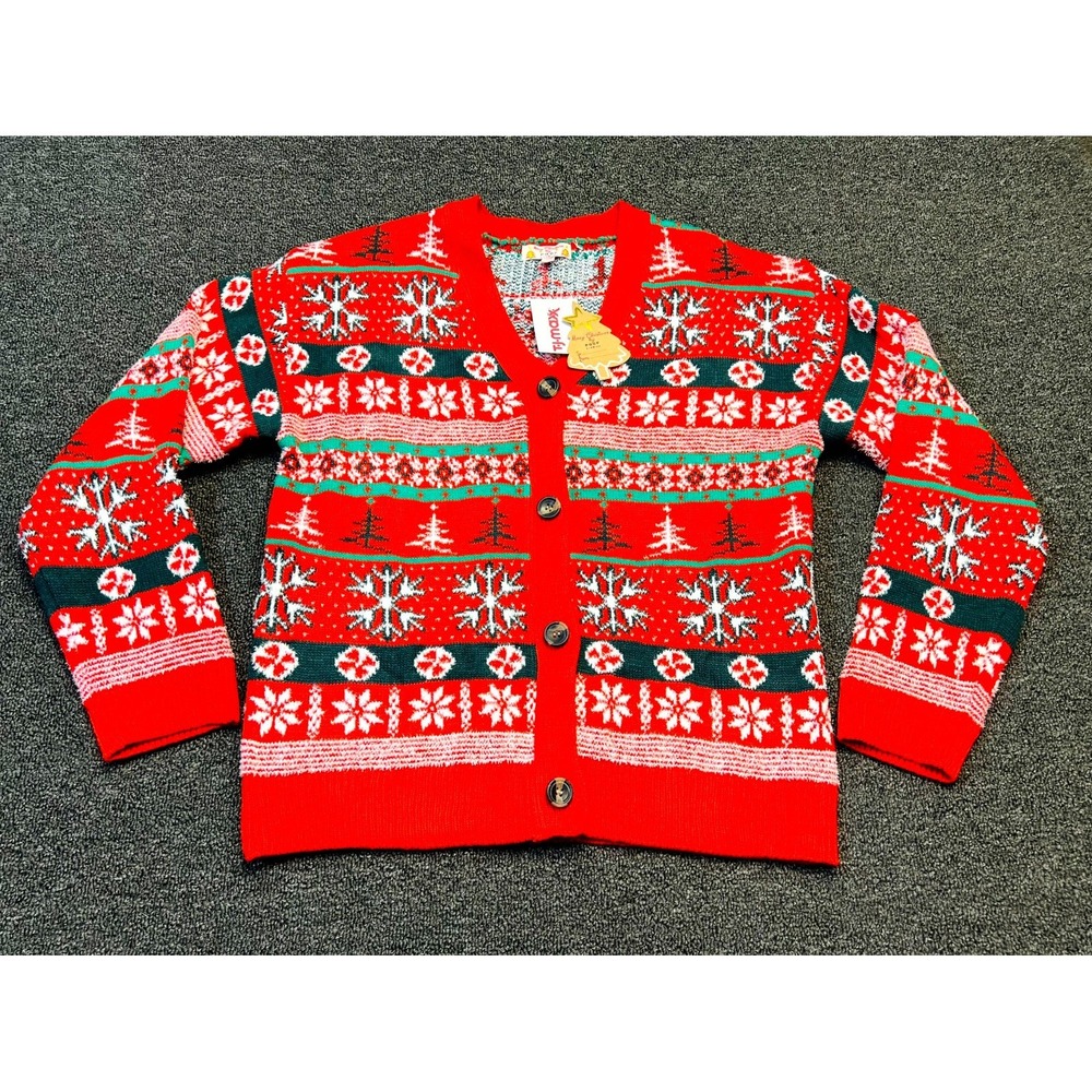 Merry Christmas by Poof Cardigan Sweater Womens Large Red Ugly Snowflake Acrylic